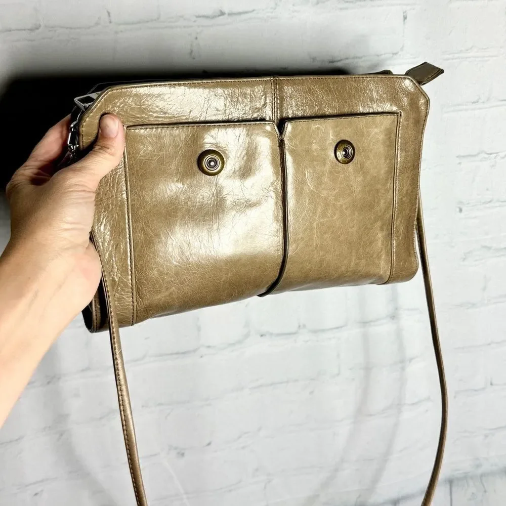 HOBO International Taupe Shiny Crackle Leather Clutch Shoulder Bag Every Day Bag